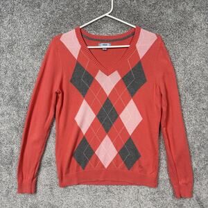 Izod Sweater Womens Medium Red Cotton Argyle V-Neck Pullover Preppy Old Money